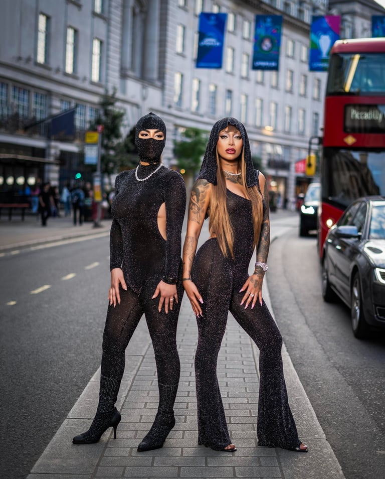 Two models in matching black outfits during a London street fashion shoot. Shot by Fred Art Studio