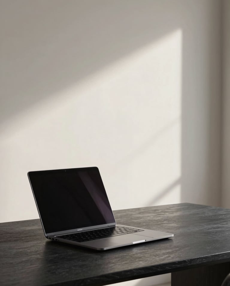 A minimalist, high-end workspace featuring a sleek modern laptop on a dark slate desk, soft natural light illuminating a clean soft off-white wall in the background, professional photography style.