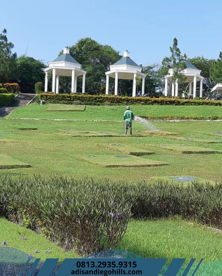 Perawatan taman makam San Diego Hills dengan rumput hijau terawat rapi, menunjukkan layanan premium