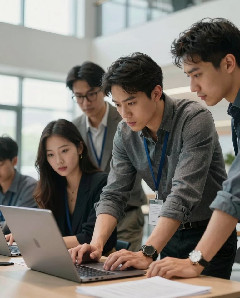 A group of focused tech professionals collaborating around a laptop in a bright North American / US innovation hub, with modern architectural elements in light mist and charcoal tones.