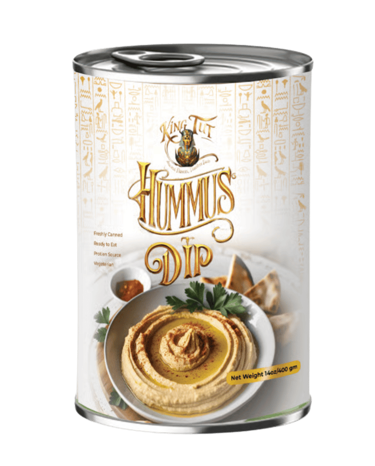 King Tut canned Hummus Dip with Egyptian-style hieroglyphic label