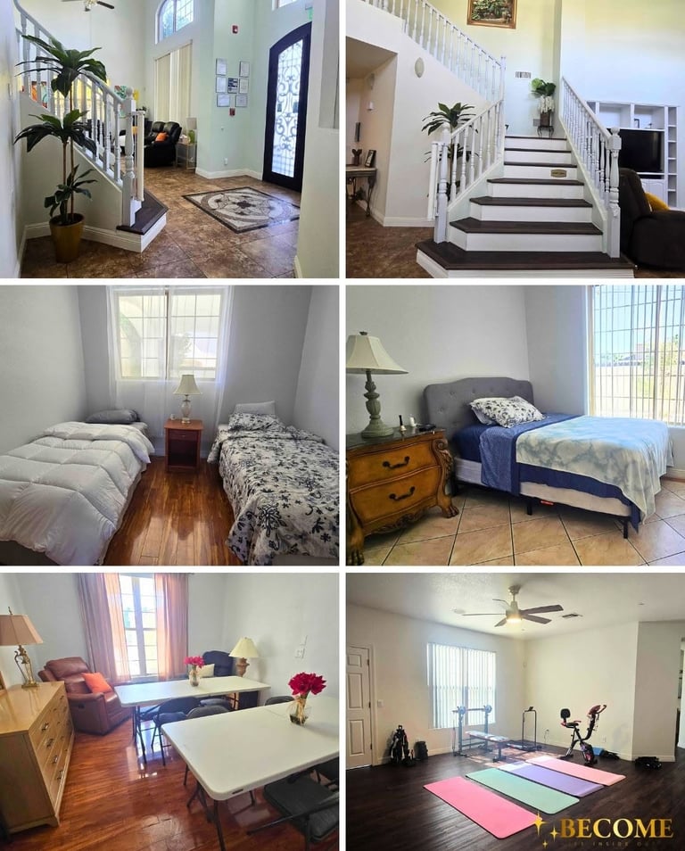 A six-image collage showcasing various rooms within a transitional living home, including communal living areas, bedrooms