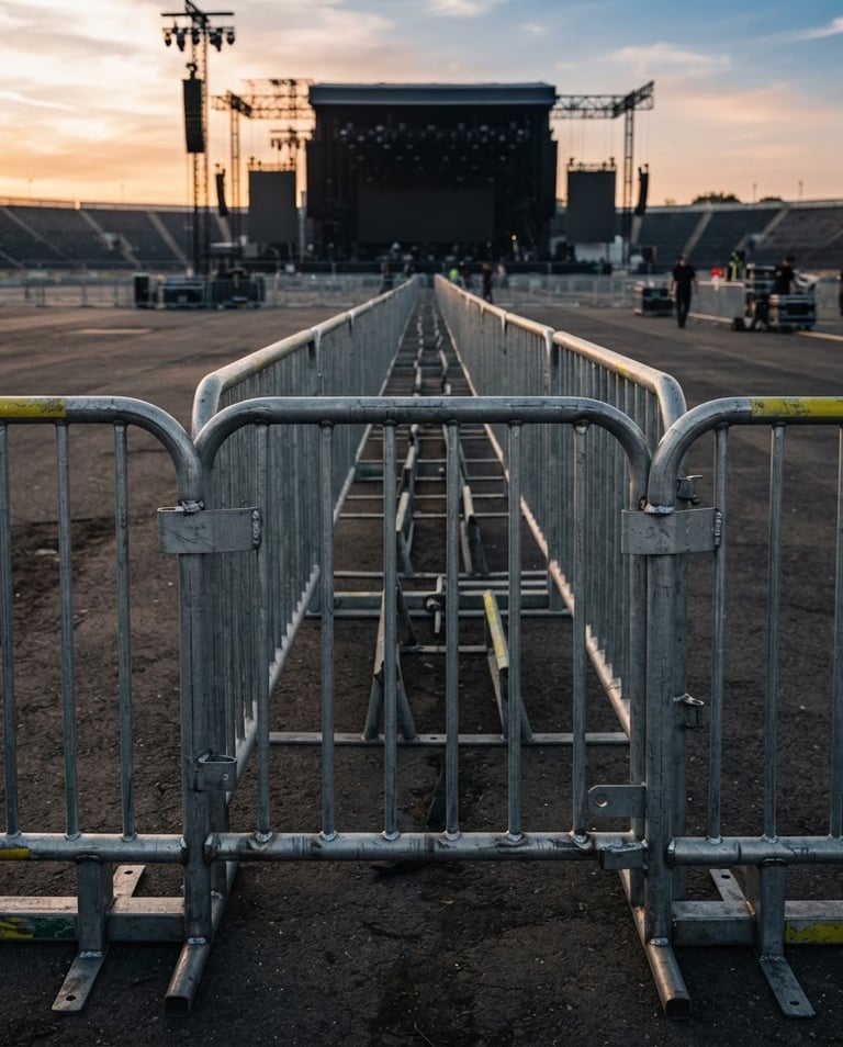 Industrial setup of heavy-duty galvanized steel barricades neatly lined up at a massive open-air concert venue during sunset, sharp focus on metallic welding, professional logistics