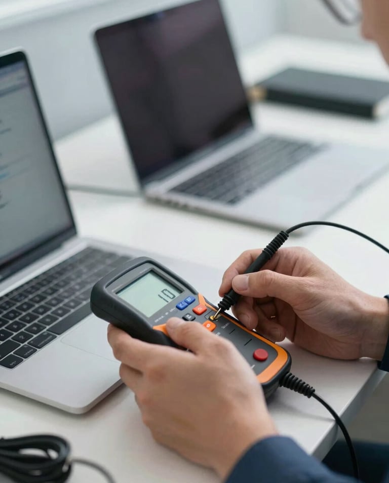 A macro shot of a technician's hands in a professional uniform using a digital tester on a laptop power cable, set in a clean, modern corporate environment with #0D1C2B and #F0F2F5 tones.