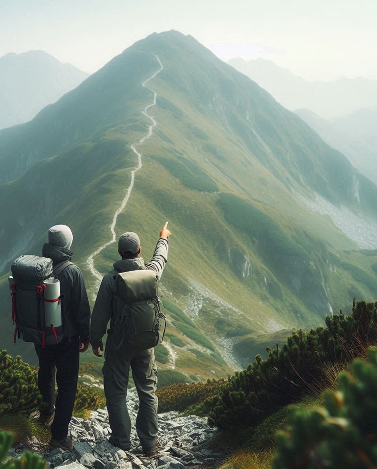 two people standing on a mountain top one guiding the way to the other