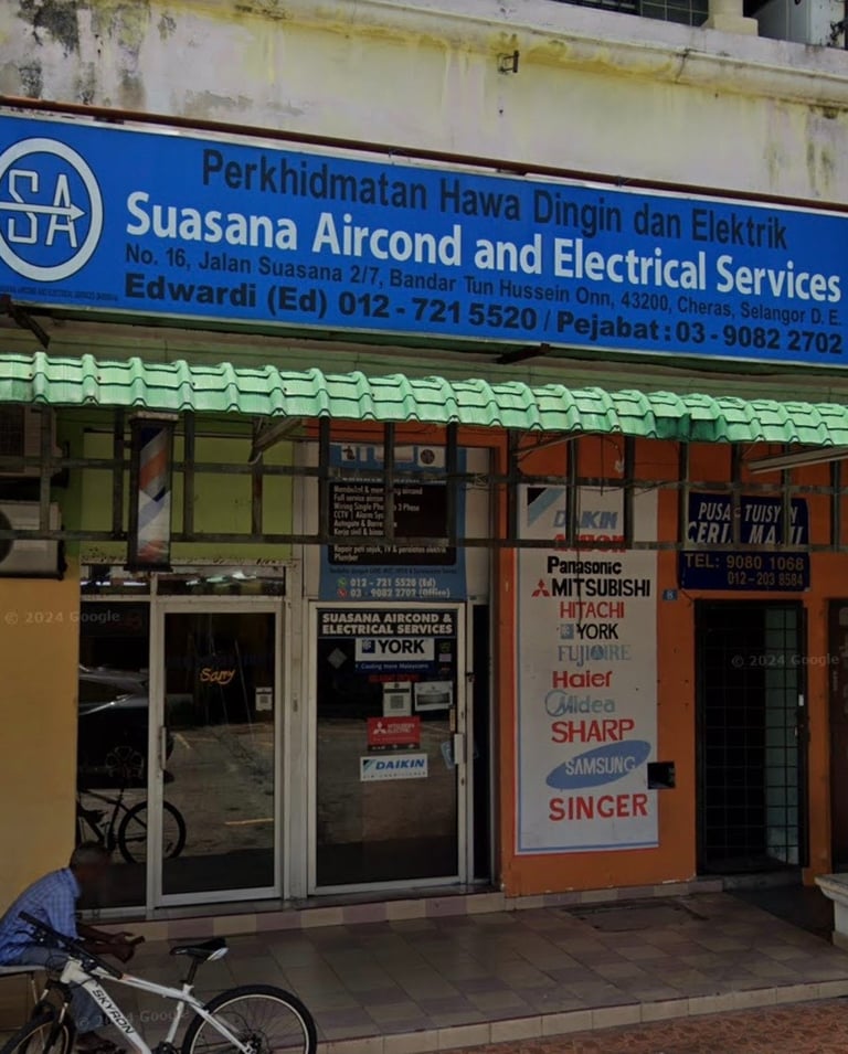 Suasana Aircond & Electrical Services main office and authorized dealer storefront.