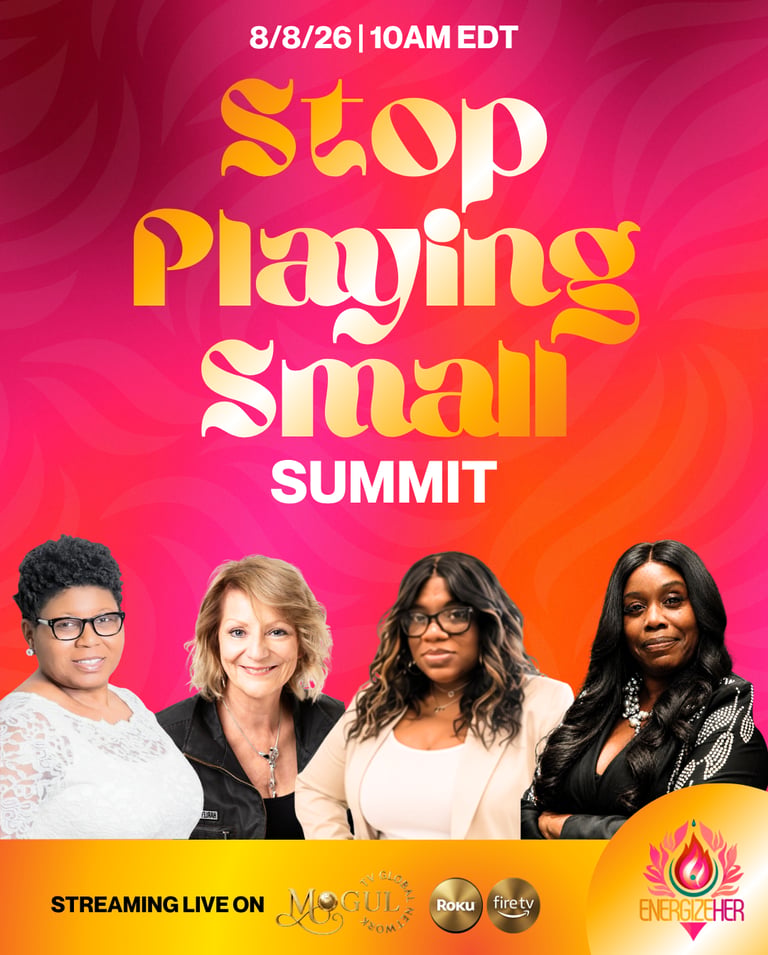 Stop Playing Small Summit featuring four female speakers on a vibrant pink background.