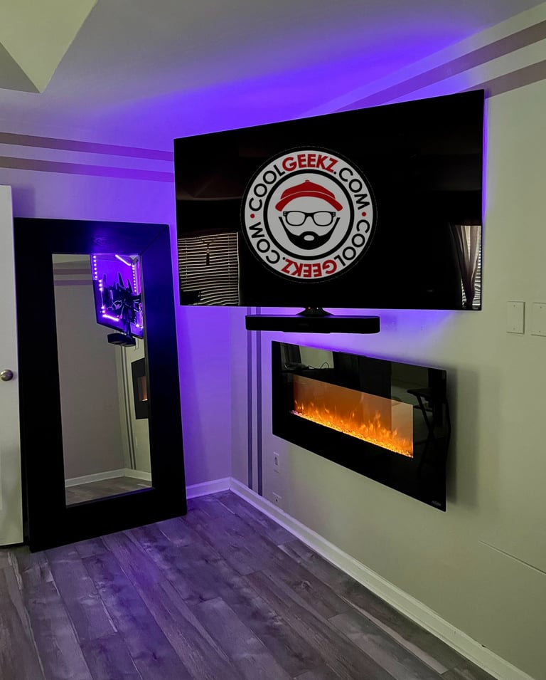 Wire free tv installation with floating fireplace