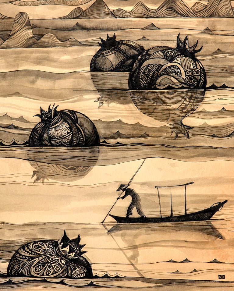 a drawing of a man in a boat in silent waters with pomegranate islands by olga tenyakova