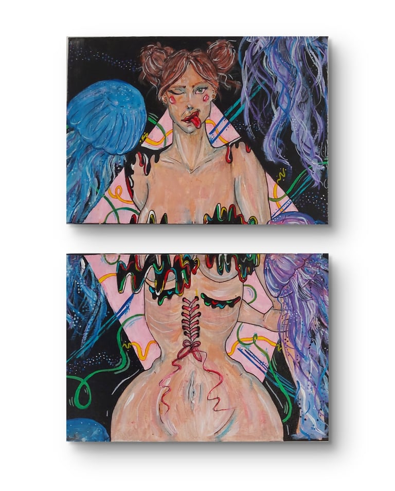 two paintings of a woman with jellyfish, acrylic painting
