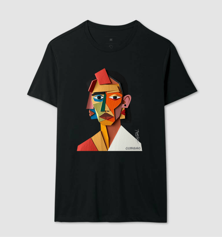 Camiseta estilizada com ilustração cubista em cores vibrantes, destacando formas geométricas 