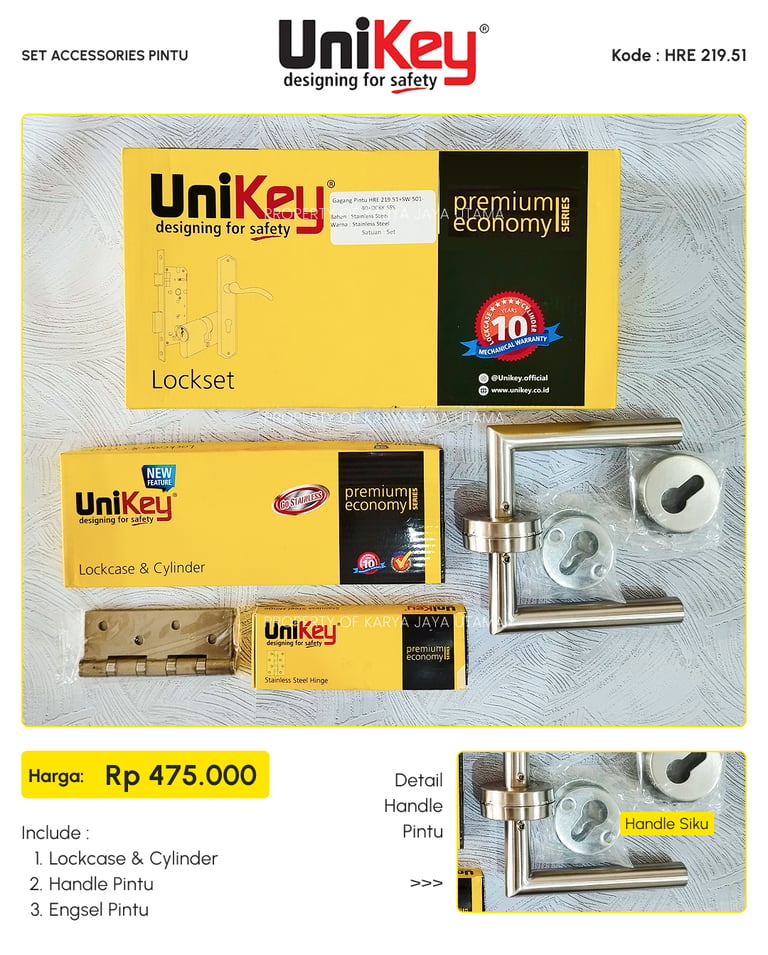 Set handle pintu, engsel, lock case merk Unikey