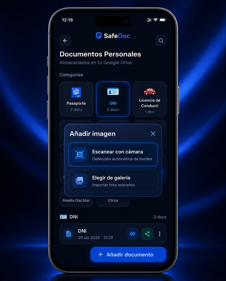 Vista de la app SafeDoc en un móvil, mostrando una interfaz de gestión documental con categorías de 