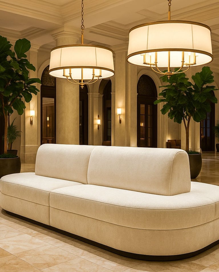 Sophisticated beige curved banquette centerpiece in a luxury lobby, designed by Solo Home Décor for hospitality spaces.