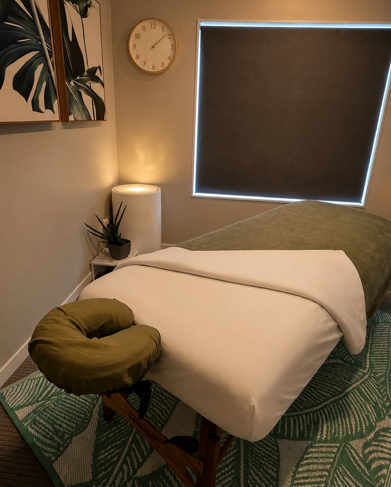 Serene massage therapy room featuring a professional treatment table with green linens and calming decor.