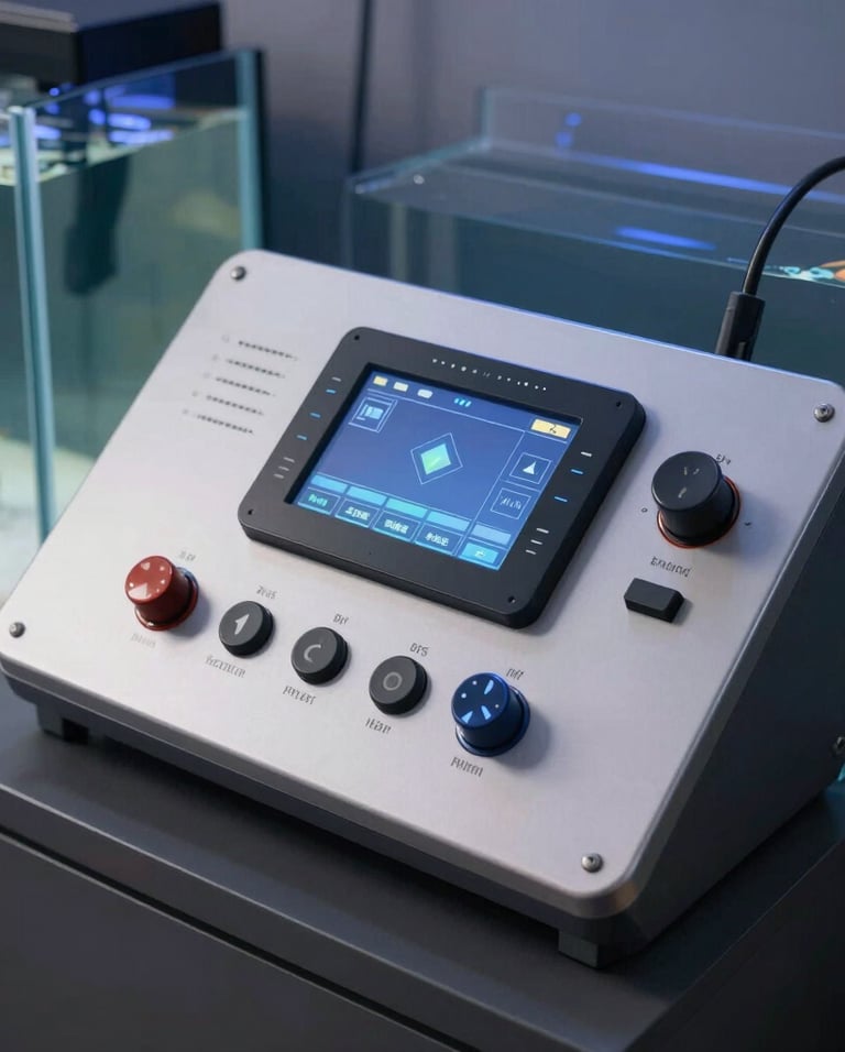 Digital control panel with LCD screen and knobs for smart aquarium water management and fish tank monitoring.