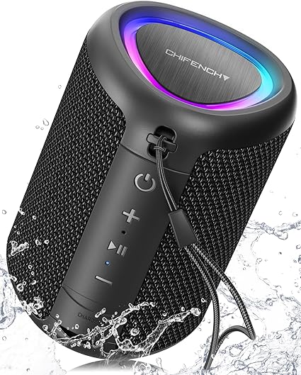 Compact black portable Bluetooth speaker with LED light show, waterproof design, and 15-hour battery