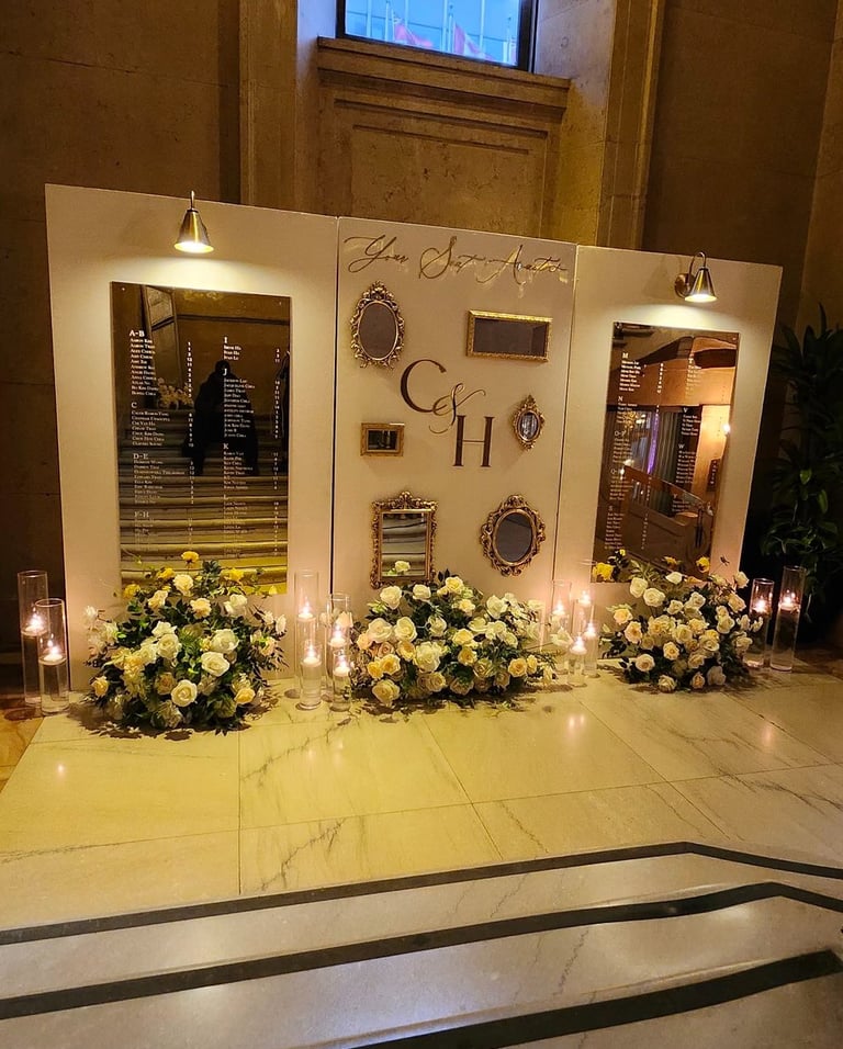 a gold accent wedding seating chart with candles 