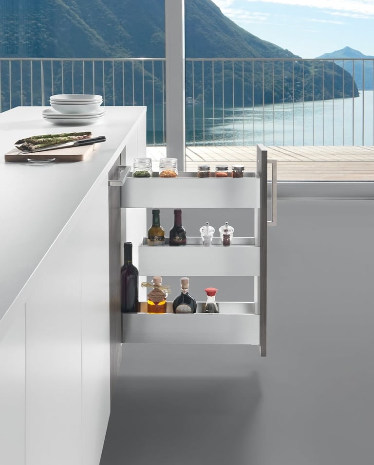 “Pull-out kitchen storage accessory with bottles and jars, premium Salice hardware by SR ENTERPRISES