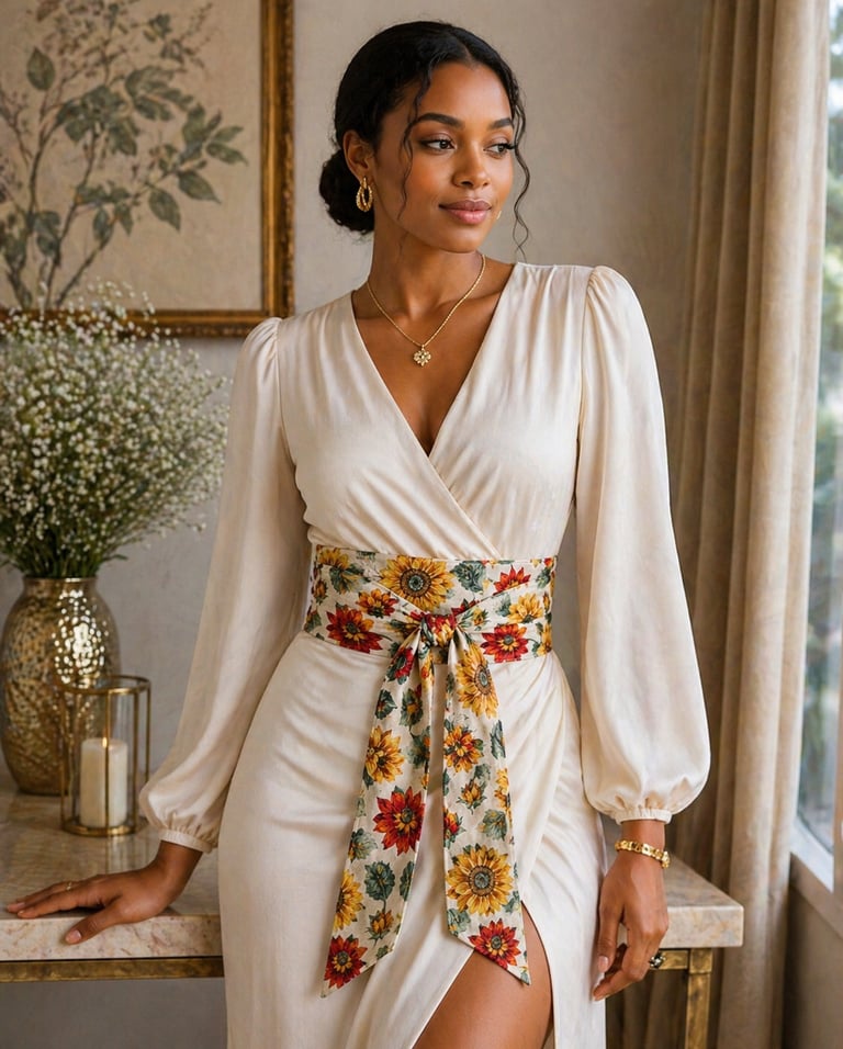 Woman wearing Blesseth4 handmade floral wrap obi belt with elegant dress, faith-inspired fashion acc
