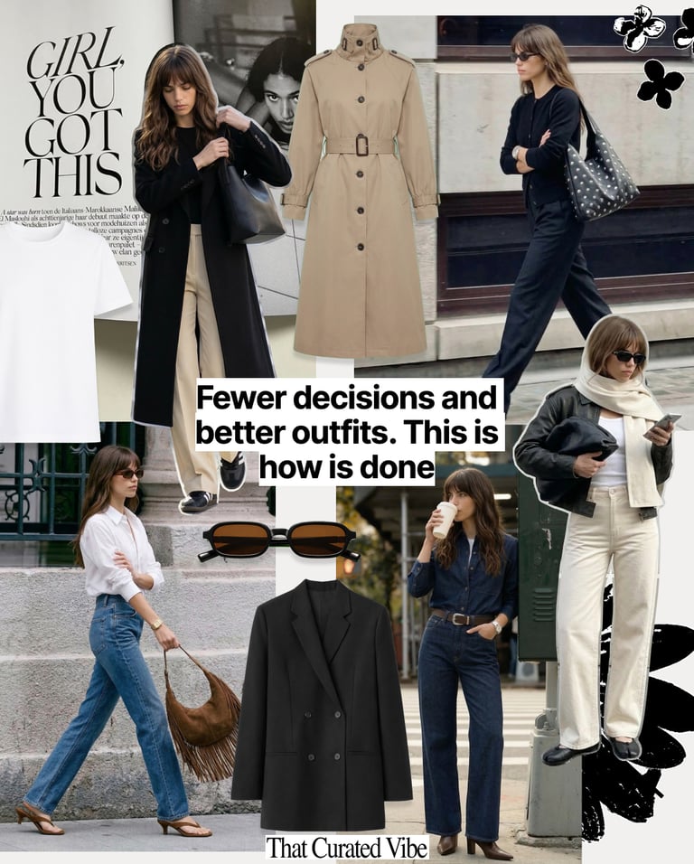 Editorial collage of women wearing timeless, elevated basics, representing everyday outfit formulas.