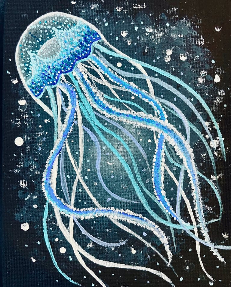 acrylic painting of jellyfish on black background.