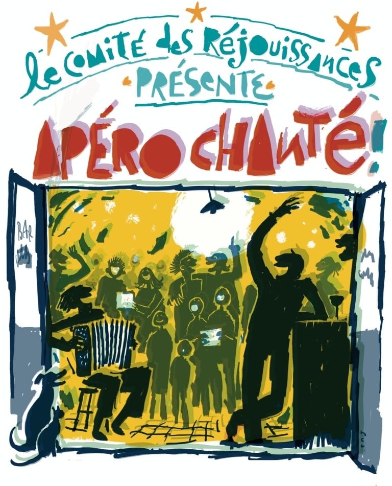 Affiche avec une peinture qui représente des gens qui chantent dans un bar