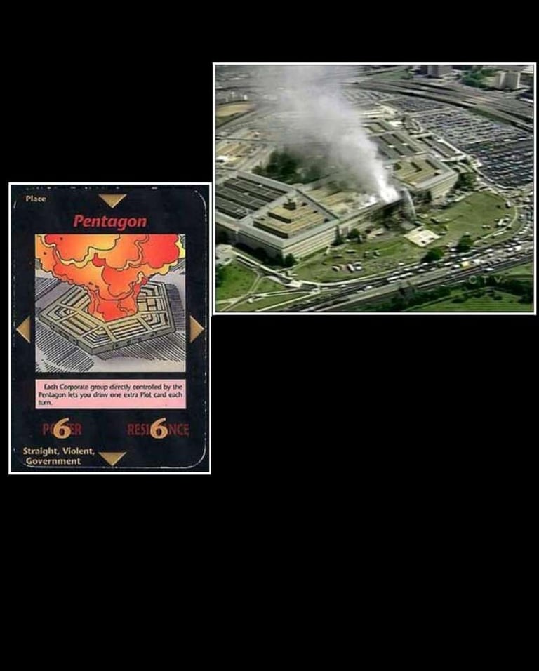 Uma foto de 2001 ao lado da Carta de 1995 mostrando o Pentágono em chamas após o atentado de 11/09