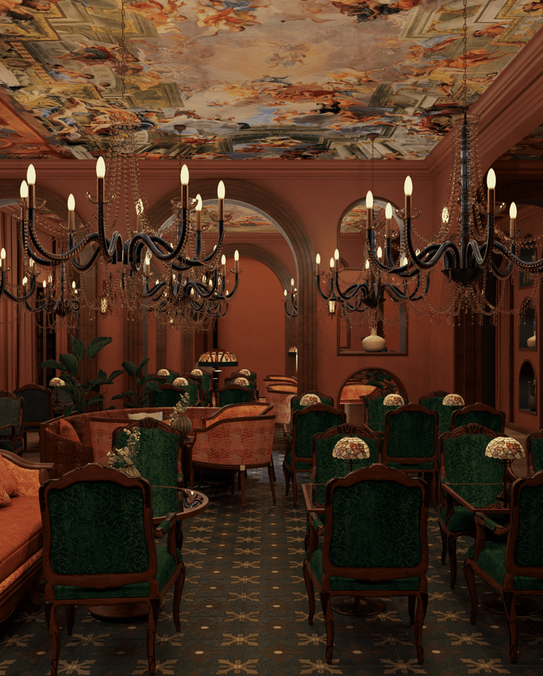 Elegant restaurant interior with chandelier lighting UAE