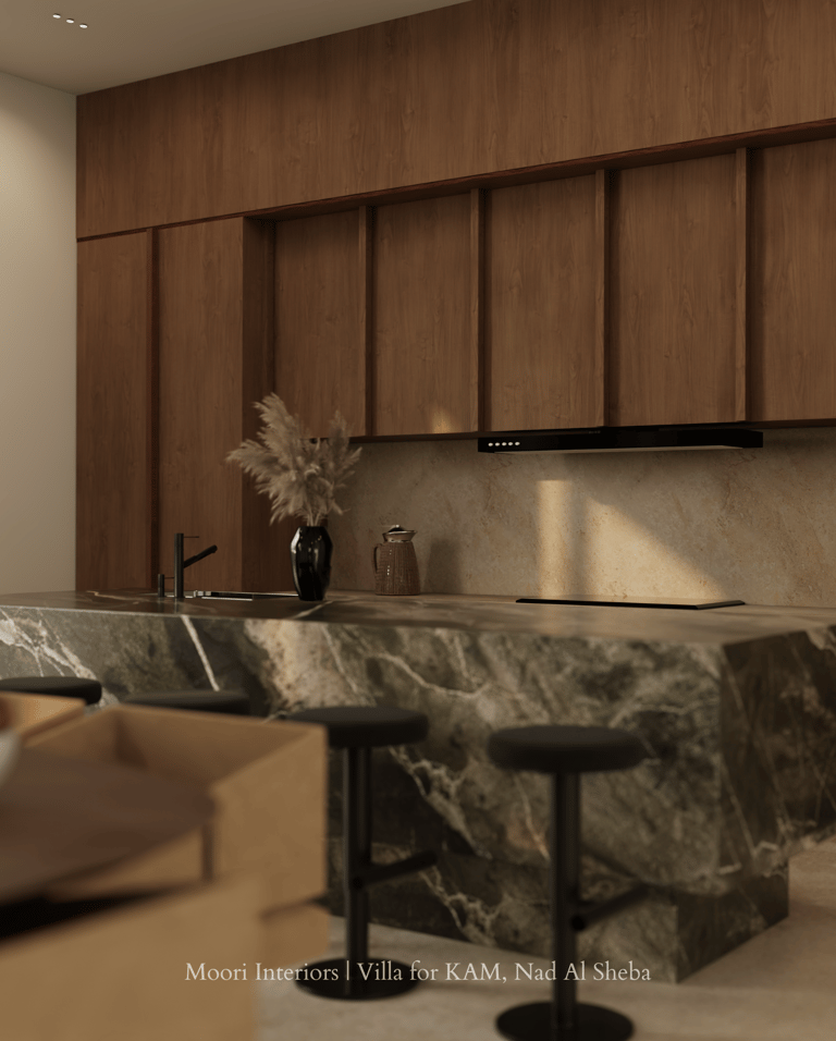 Modern kitchen island featuring dark green marble and wooden cabinetry.