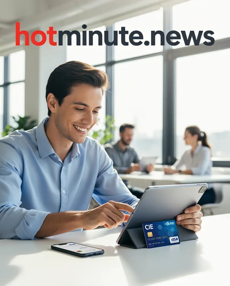 a man sitting at a table with a tablet and a credit card