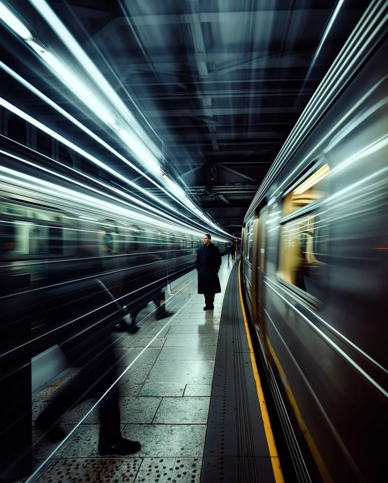 A lone man in a black coat standing on a subway platform with blurred speeding trains.