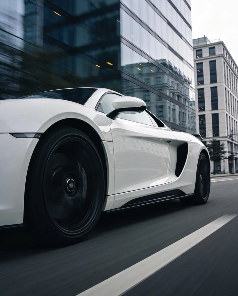 White luxury sports car driving fast on a city street past modern glass skyscrapers.