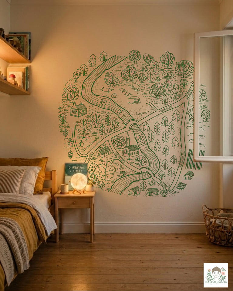 Mural artístico personalizado para quarto infantil com ilustração de uma aldeia imaginária