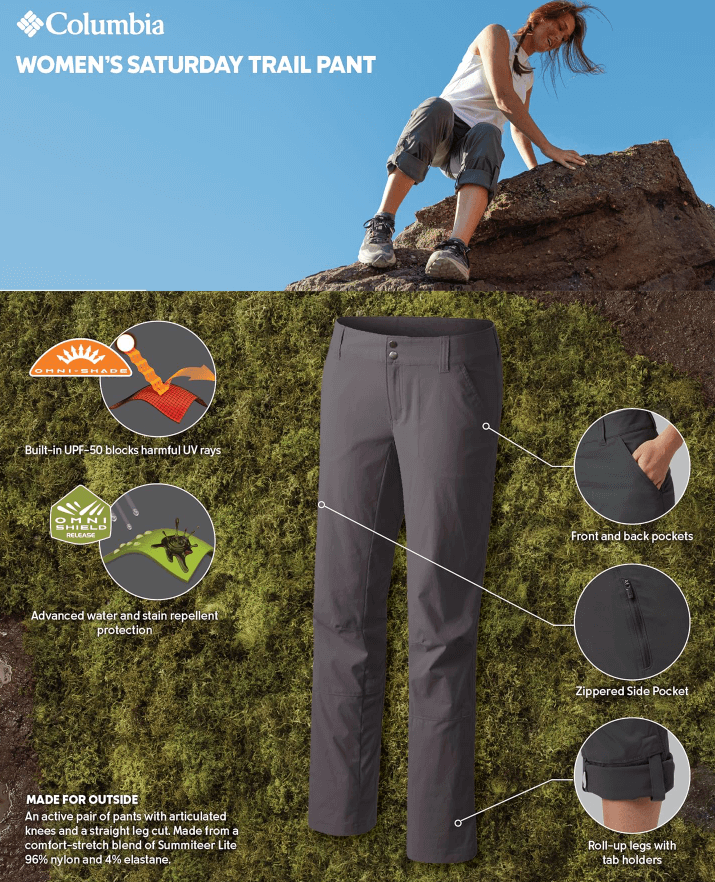 Woman smiling on a scenic overlook in Columbia Saturday Trail II Knee Pants, convertible to capris 