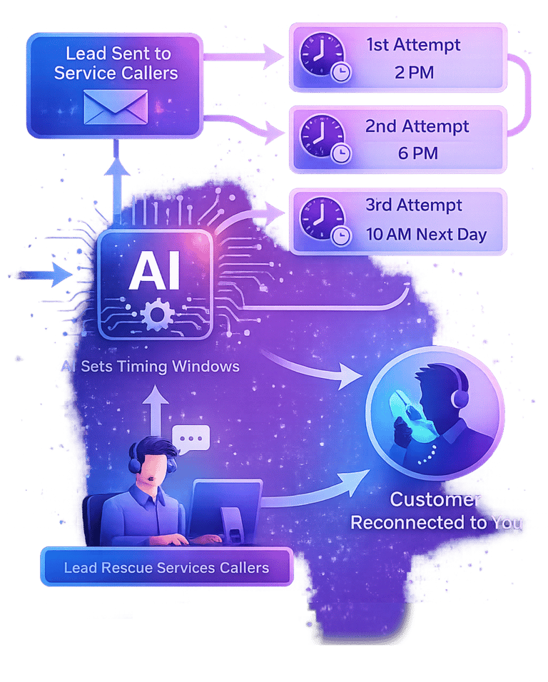 AI-powered lead rescue service infographic showing automated call scheduling and customer reconnection timing.
