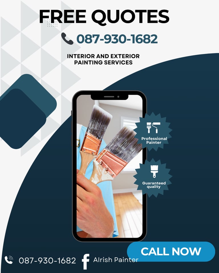 Professional interior and exterior painting services advertisement with paintbrush and contact number.