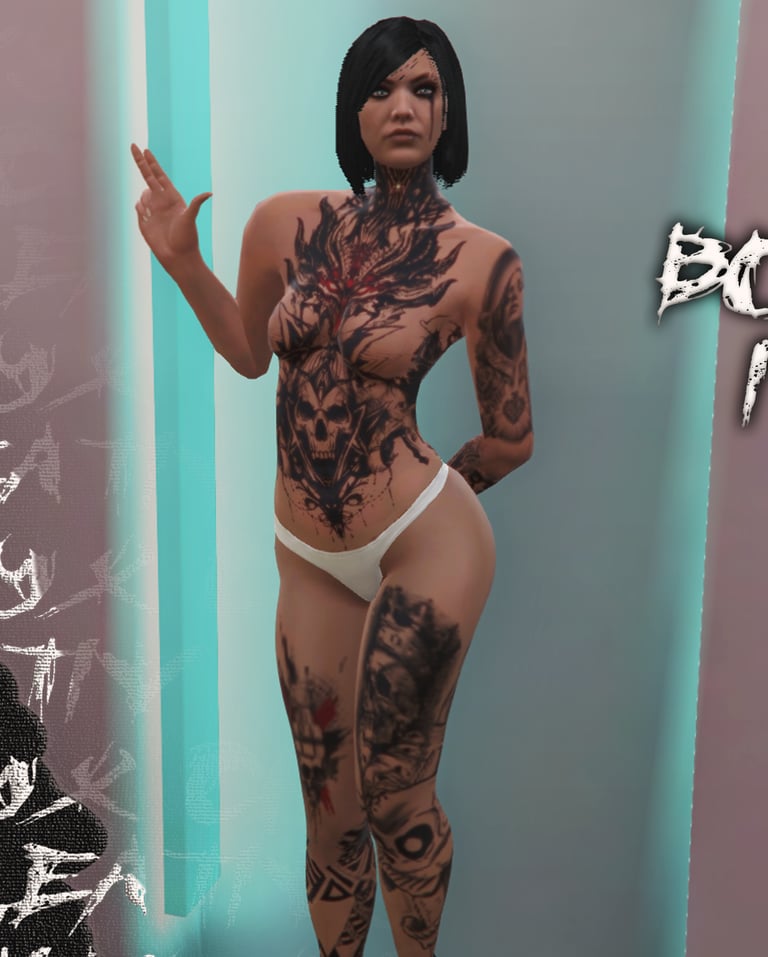 a woman with tattoos on her chest and a tattoo on her chest