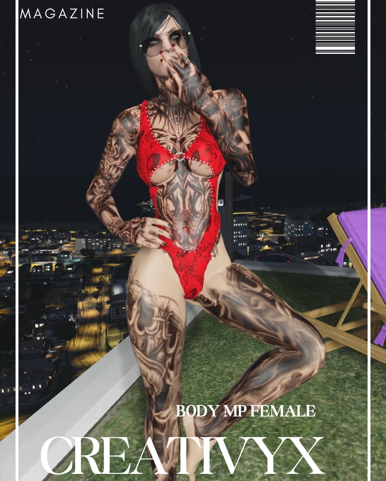Woman posing in a red bodysuit, with tattoos