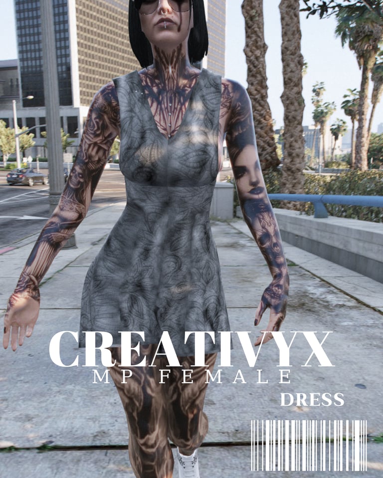 a woman in a dress with tattoos on her arm