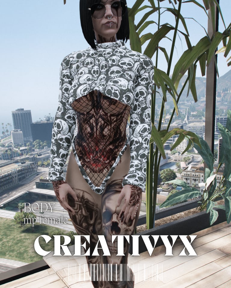 Tattooed woman posing in a skull-print mesh bodysuit