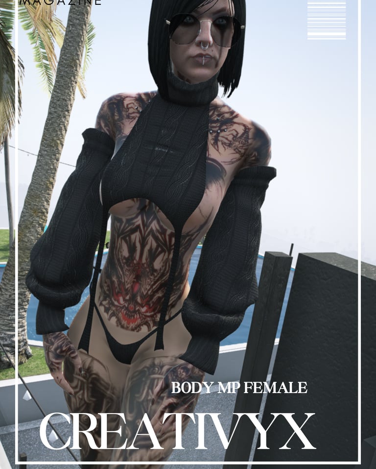 Heavily tattooed woman posing in a sleek black bodysuit