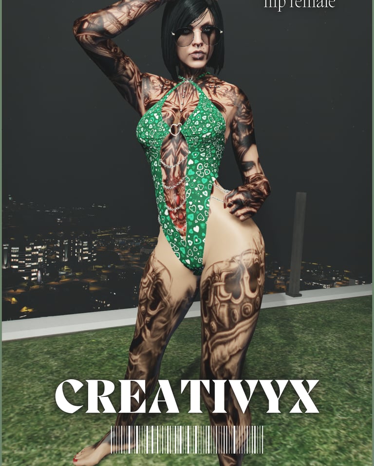 Tattooed woman with black hair posing in a green bodysuit