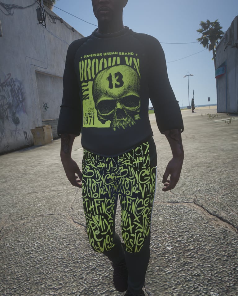 a man in a black shirt and green pants