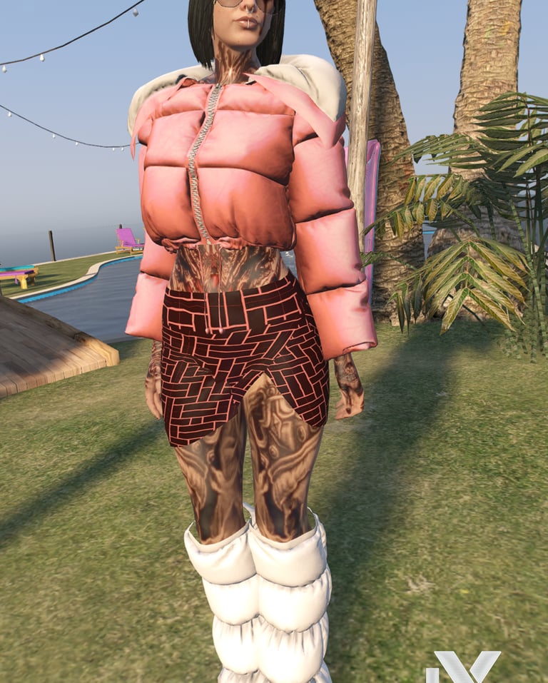 a woman in a pink outfit is standing in the grass
