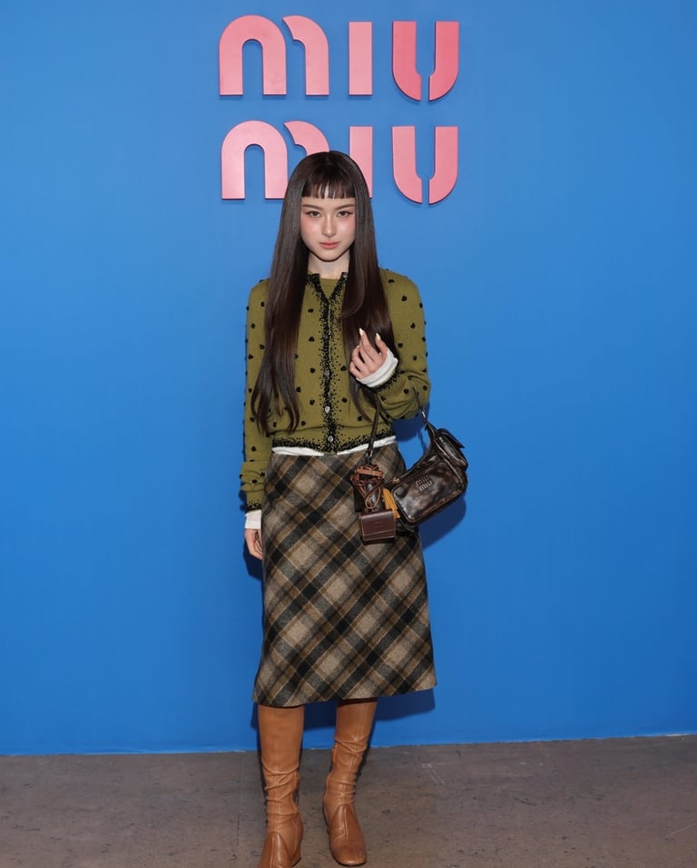 Prim Chanikarn at Paris Fashion Week 2026 in plaid.