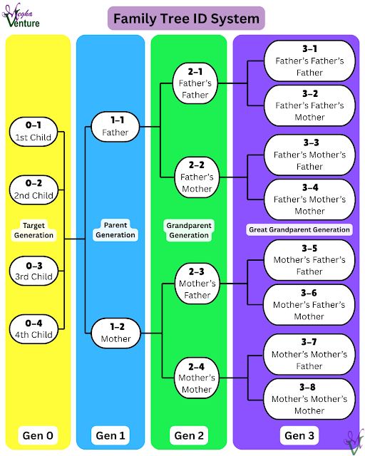A diagram showing four generations of a family from children to great grandparents. 