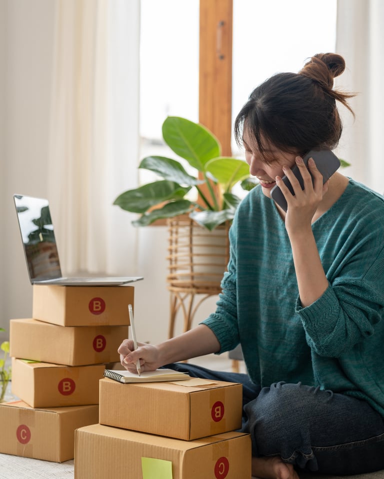 Una emprendedora que gestiona un negocio de comercio electrónico desde casa, hablando por teléfono