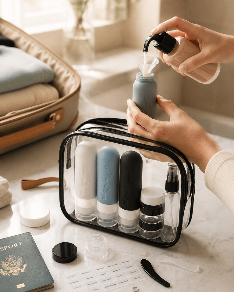 Person filling silicone travel bottles with lotion for a clear TSA approved toiletry bag.