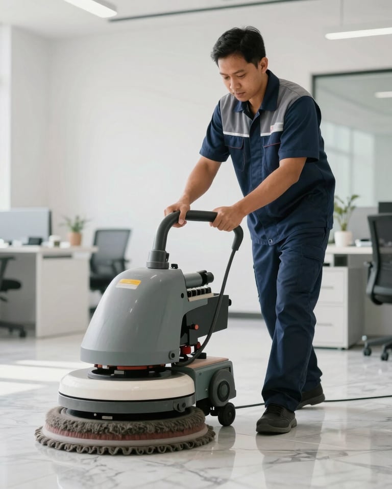 A South East Asian / Indonesian cleaning professional in a modern navy blue and gray uniform using an industrial floor polisher on a marble floor in a bright, modern office space. The lighting is natural and clean.